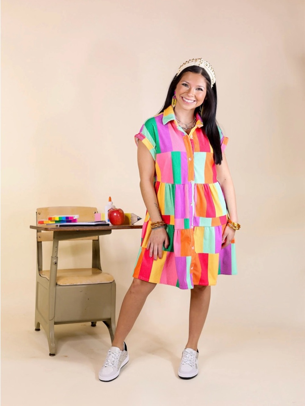 NWOT APPRECIATE YOU COLOR
BLOCK CORDUROY BUTTON
UP DRESS IN MULTI